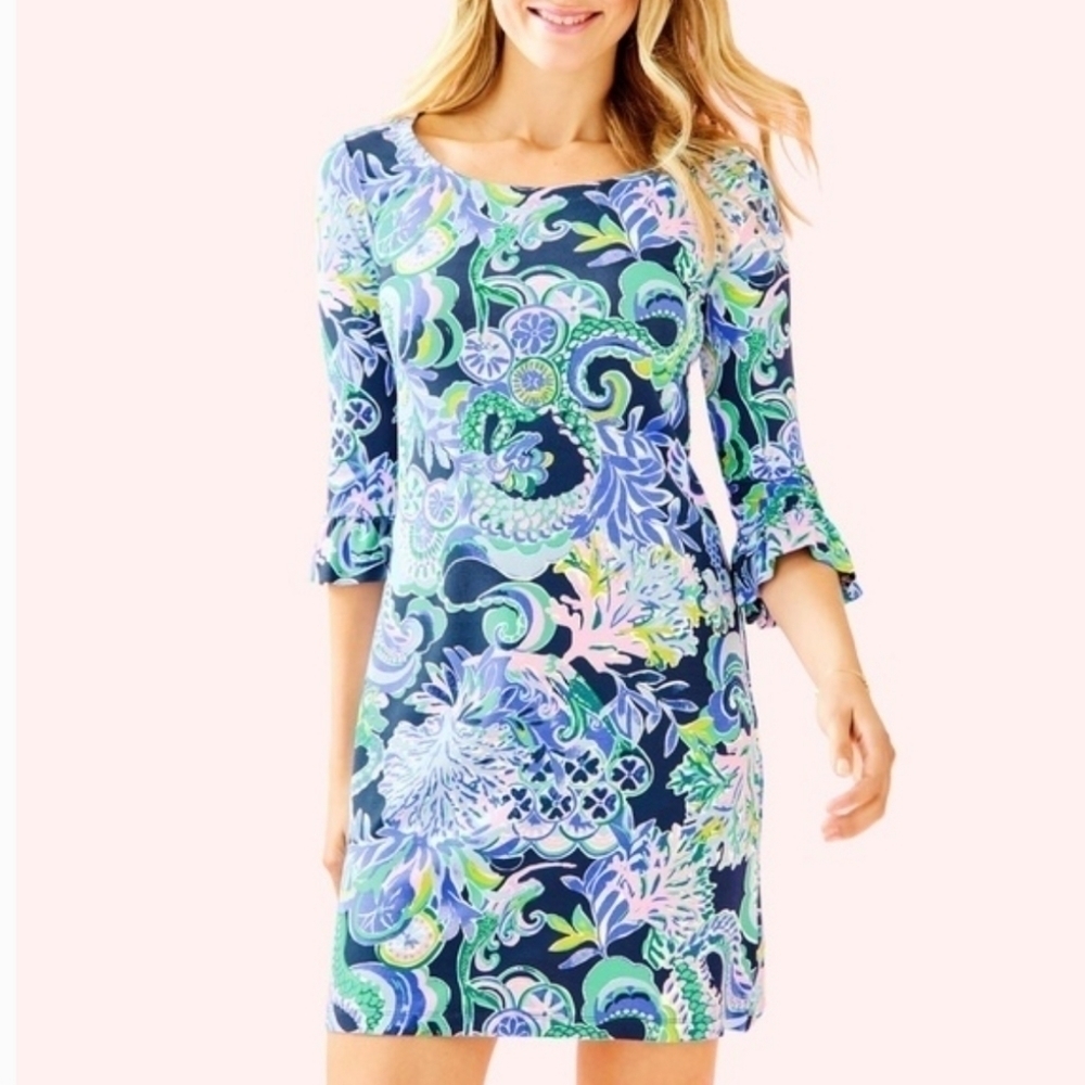 Lilly Pulitzer Sophie Ruffle Mini Dress UPF 50 Sirens and Spirits XS Jersey Knit